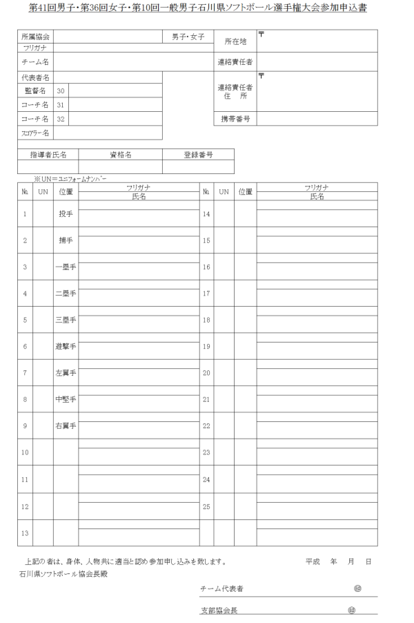 2018　第36回女子石川県選手権大会　　参加申込書